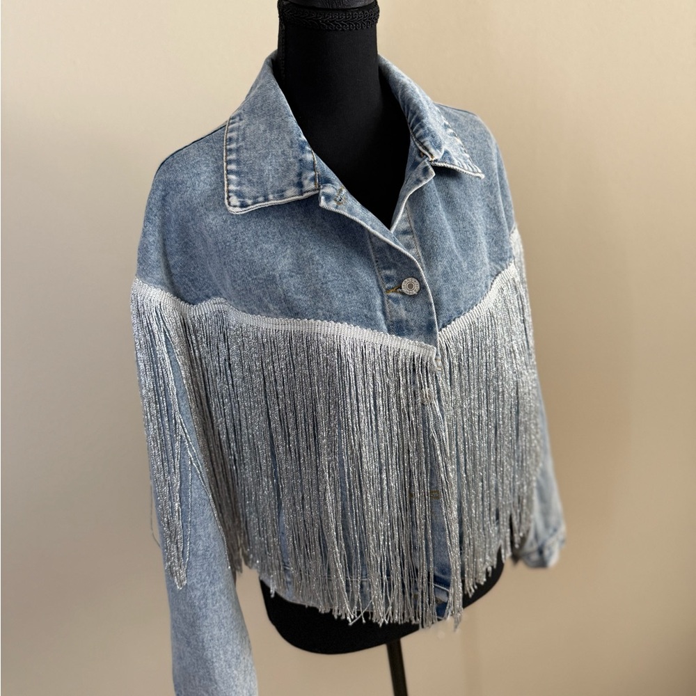 Fringe Denim Jacket Western Cropped Light Wash Festival Rodeo Jacket M - Picture 2 of 13
